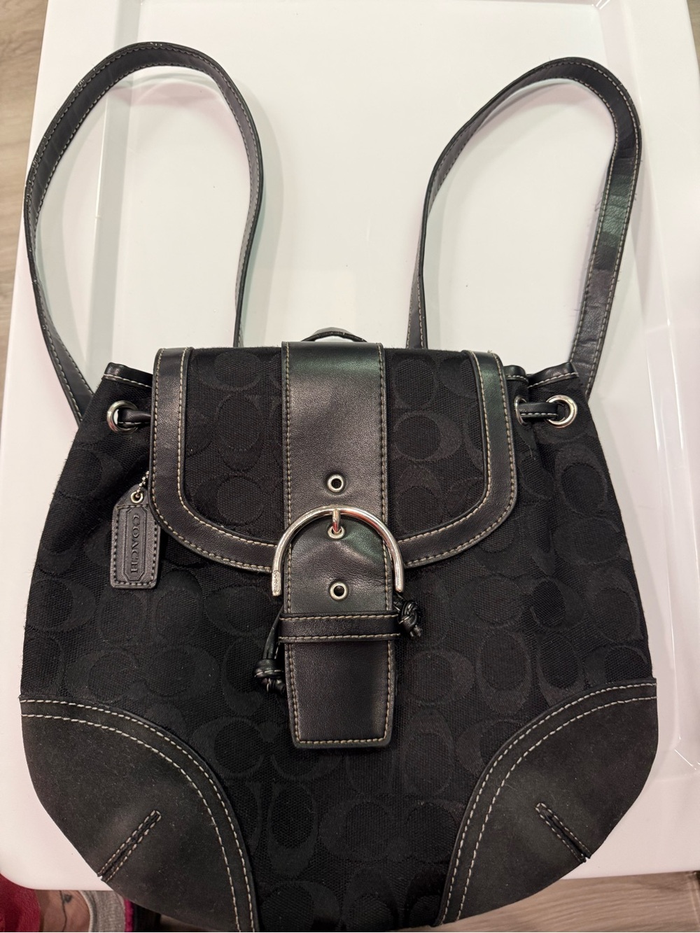 Vintage Coach Signature Jacquard Flap Backpack Black Leather Trim Y2K